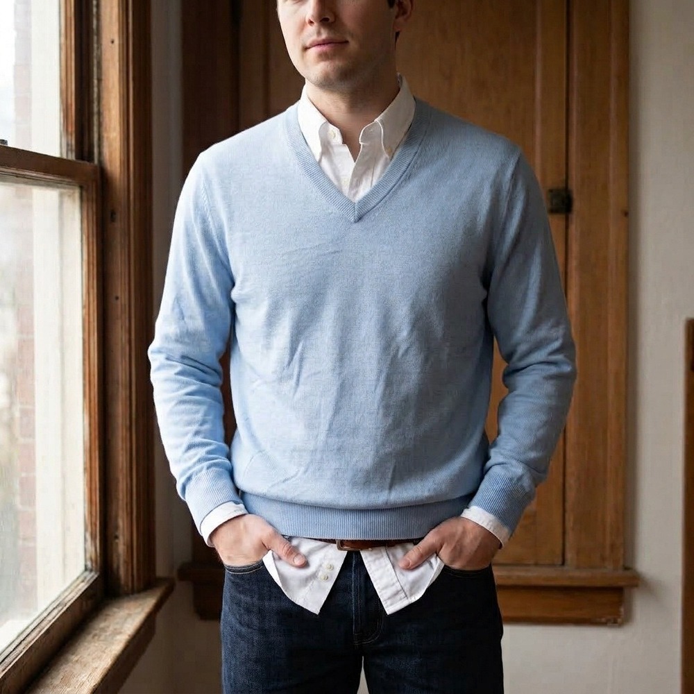 Brooks Brothers 346 Mens Sweater Small Blue Silk Cotton V-Neck Preppy Old Money